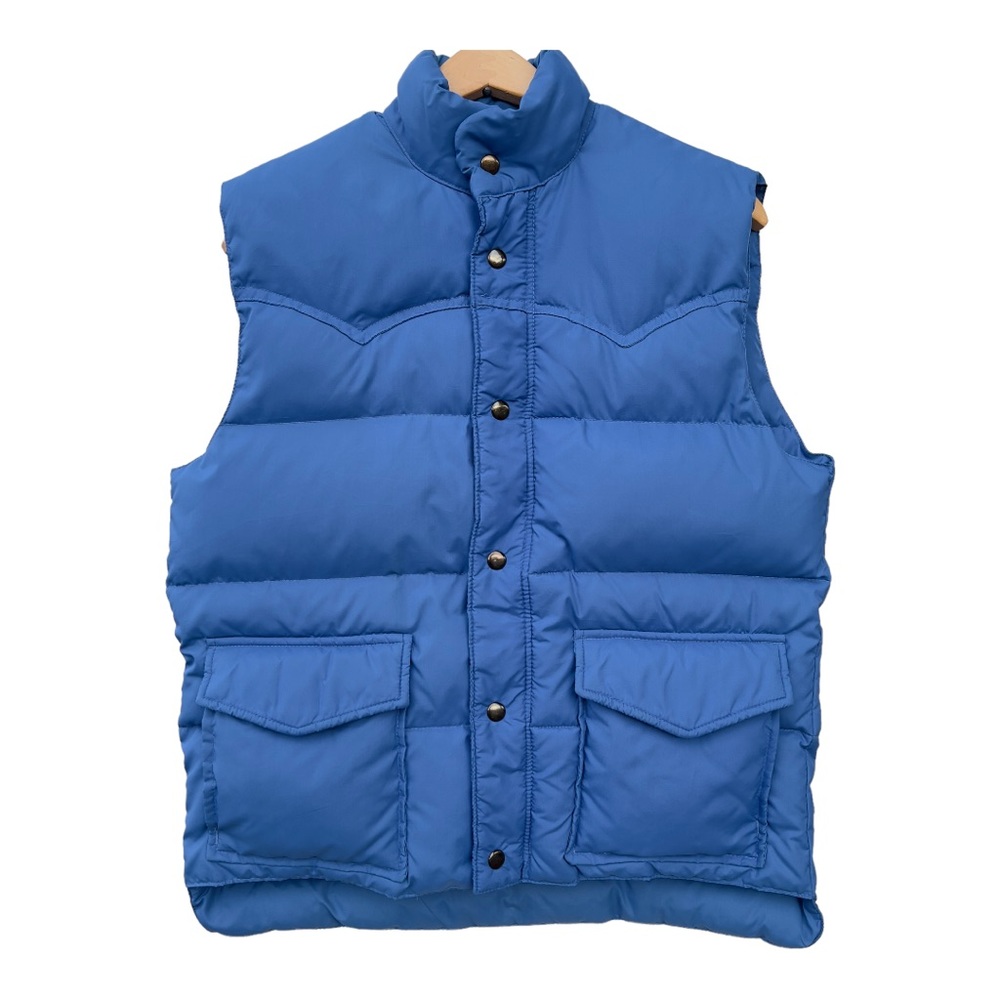 Vintage Western Down Puffer Vest Thick Blue Zip Snap Up Front Stand Collar L
